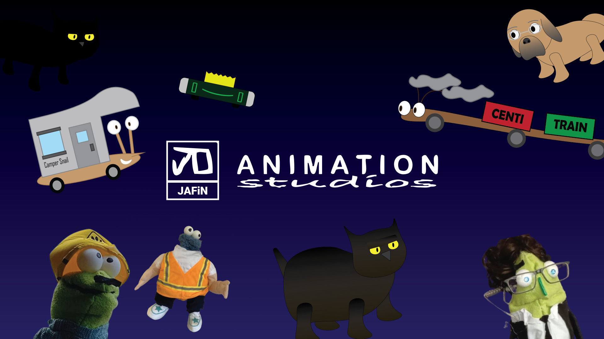 Jafin Animation Studios logo with some characters surrounding it.
